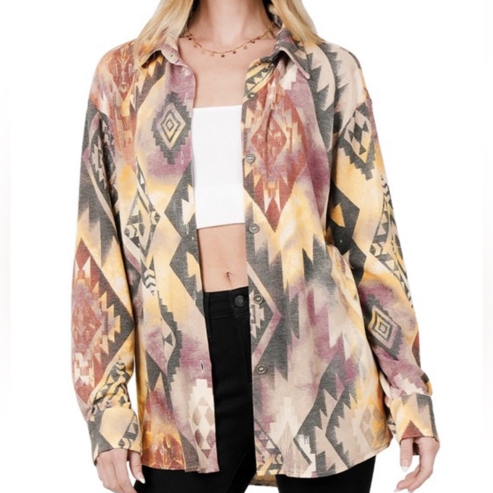 Boho Aztec Southwestern Print Button Down Long Sleeve Shacket Top Shirt Jacket S